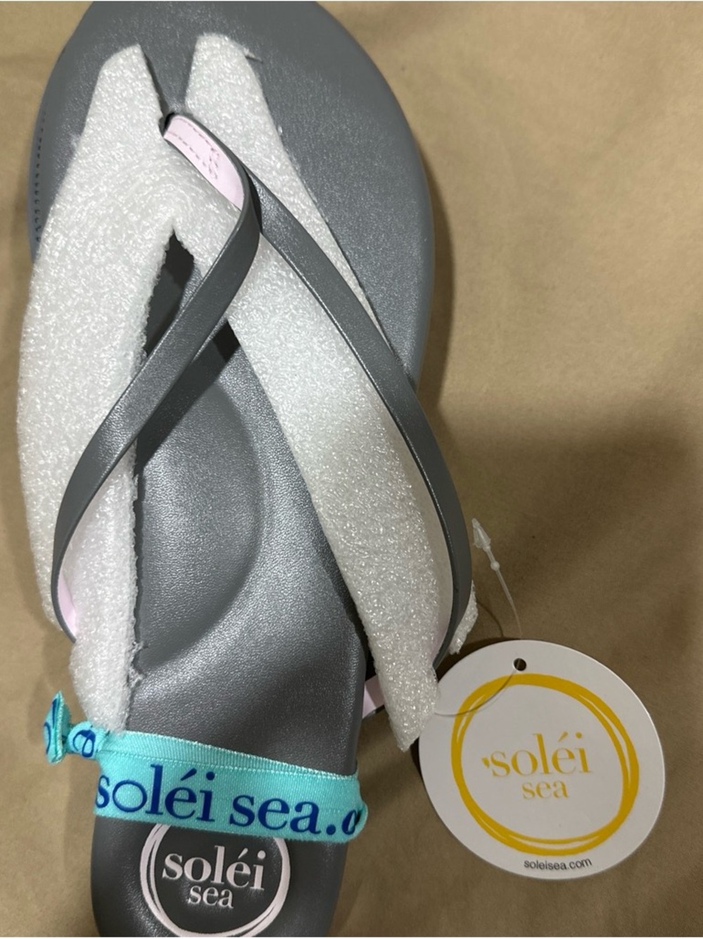 Solei Sea Women's Gray and Light Pink Sandal with Aqua Heel Strap